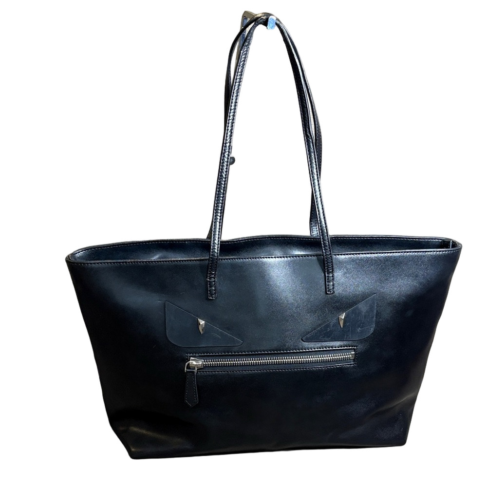 FENDI Monster Medium Black Leather Tote Bag Eyes Zip Pocket Authentic